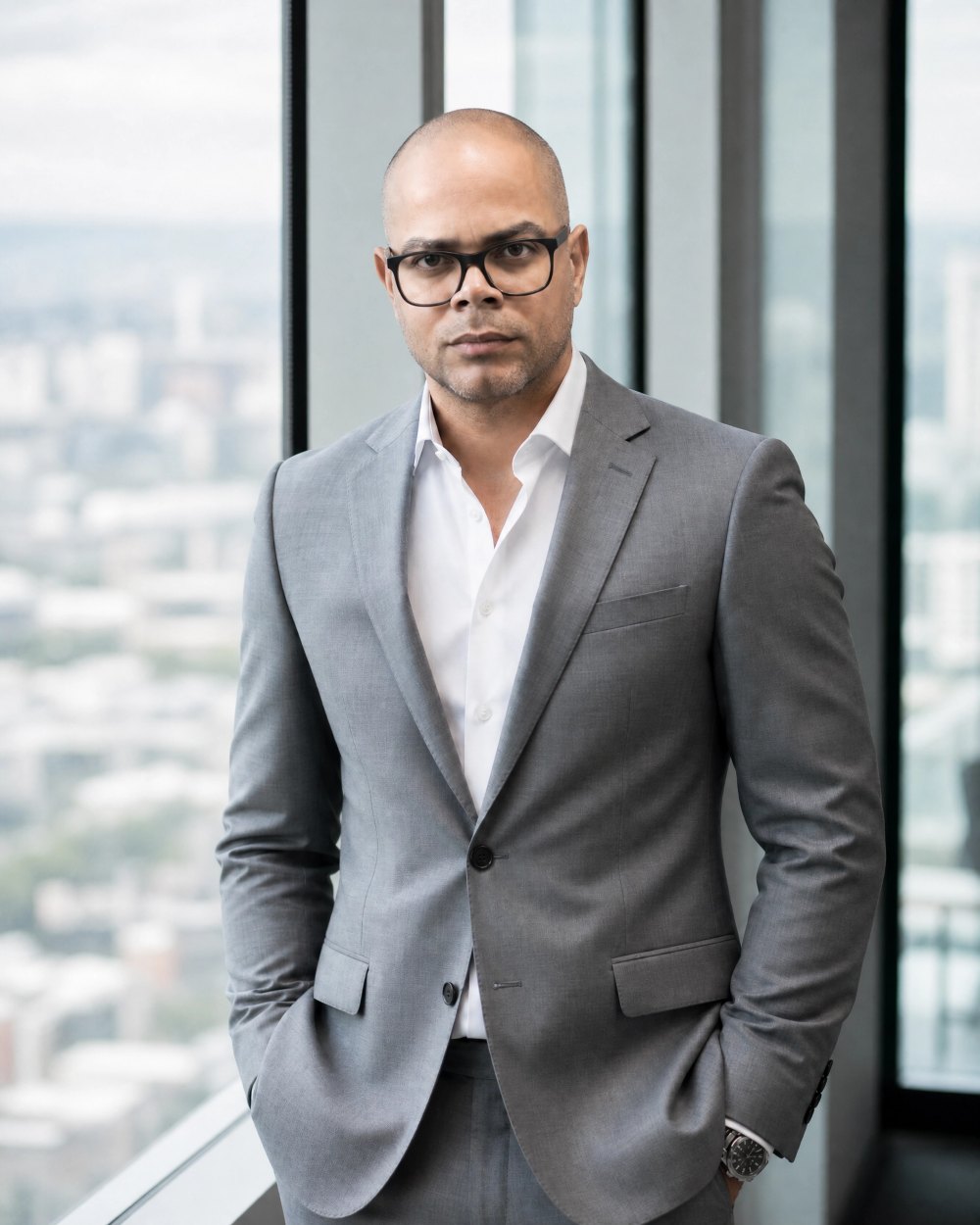 J. Santiago — retrato executivo em ambiente corporativo